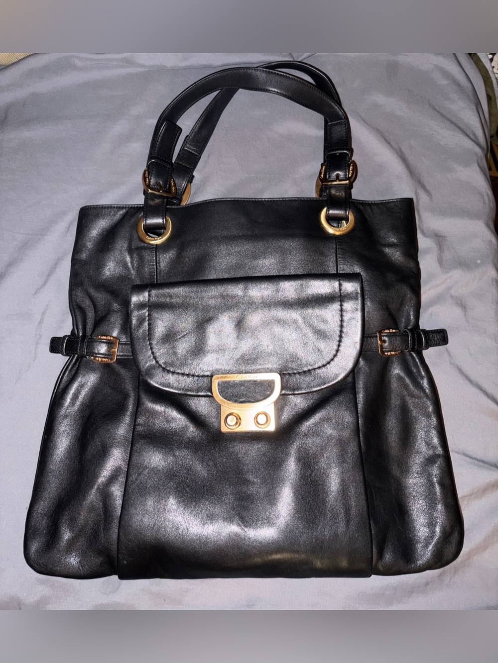 Calvin Klein Black Leather Tote with Gold Hardware Accent